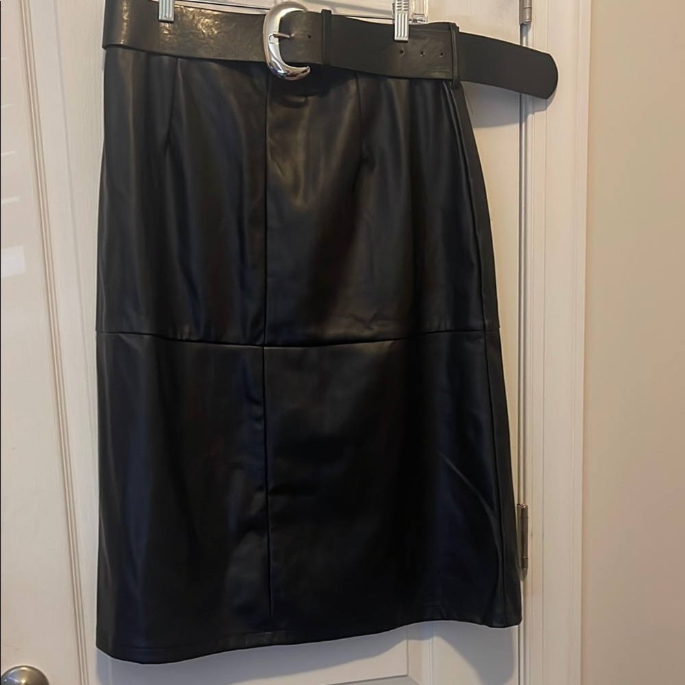 Black Faux Leather Skirt with Belt